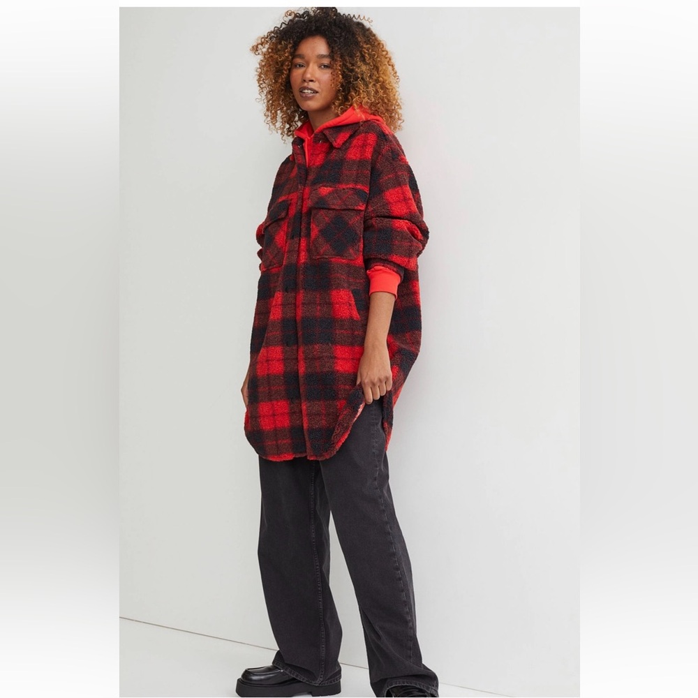 H&M Red Buffalo Plaid Teddy Shacket Size XS ( Fits very oversized)